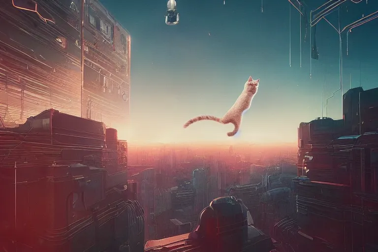 Image similar to cat high up in the sky, cyberpunk art by mike winkelmann, trending on cgsociety, retrofuturism, reimagined by industrial light and magic, darksynth, sci - fi