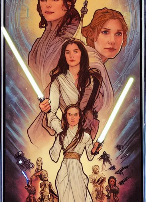 Image similar to movie poster by iain mccaig and magali villeneuve and drew struzan and alphonse mucha, a very beautiful!!!! woman jedi master, highly detailed. star wars original trilogy, she is about 2 0 years old, wearing jedi robes.