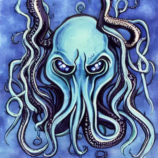 Image similar to cthulhu with indigo hair, realistic painting