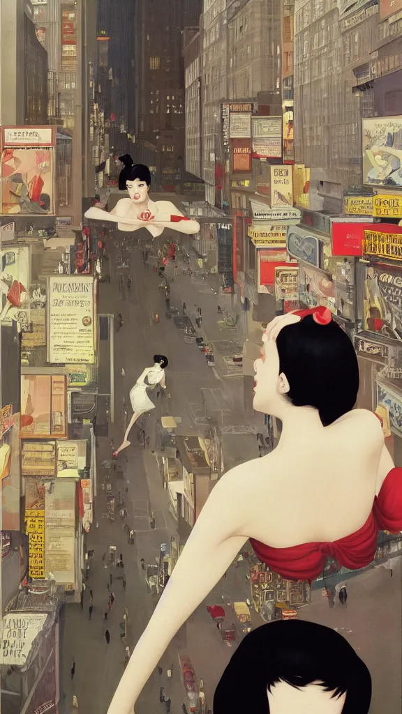 Image similar to a tall and beautiful pale woman with very black hair with a crown on her head walk in the streets of new york circa 1 9 8 4 edward hopper and james gilleard, surreal, open ceiling, highly detailed, airbrush, ilya kuvshinov, wlop, stanley artgerm, very coherent, art by takato yamamoto and james jean