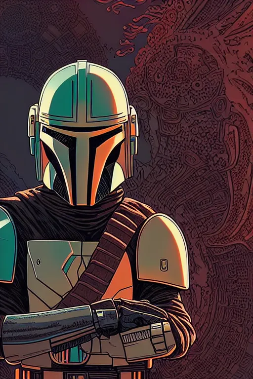 Prompt: closeup potrait of the mandalorian, intricate, volumetric lighting, moebius, geof darrow, frank miller, dan mumford, detailed illustration, digital art, victo ngai, kilian eng, vector art