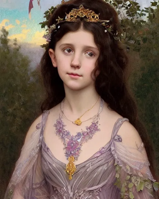 Image similar to a beautiful portrait painting of a shy, blushing princess in a tiara and an iridescent art nouveau gown resembling 1 4 - year old millie bobby brown watching the lantern festival, intricate, elegant, highly detailed, digital painting, artstation, concept art, by krenz cushart and artem demura and william adolph bouguereau and alphonse mucha