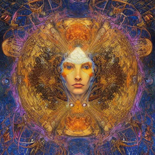 Image similar to Divine Chaos Engine by Karol Bak, Jean Deville, Gustav Klimt, and Vincent Van Gogh, horizontal symmetry, detailed fractals