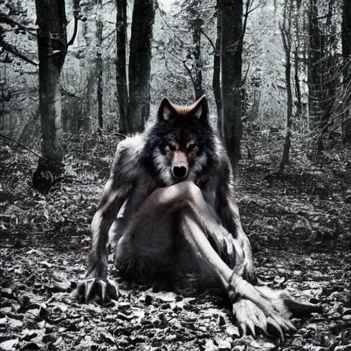 Image similar to werecreature consisting of! human and wolf, profressional photograph captured in a forest