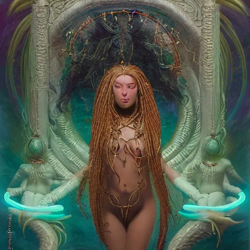 Image similar to birth of mami wata, sumerian goddess inanna ishtar, ashteroth, techno mystic goddess princess intergalactica, with aqua neon rapunzel dreadlocks, mami wata, detailed, by gaston bussiere, bayard wu, greg rutkowski, giger, maxim verehin, greg rutkowski, masterpiece, sharp focus,