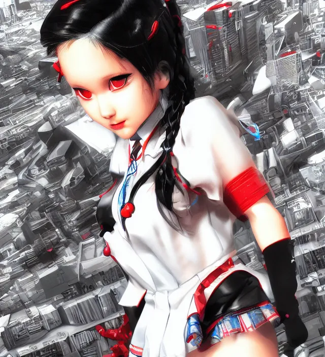 Image similar to hd 3 d rendered graphic novel video game portrait of a cute young schoolgirl complicated synaptic particles angelic deity demon future downtown in ishikawa ken miura kentaro gantz frank miller jim lee alex ross style detailed trending award winning on flickr artstation