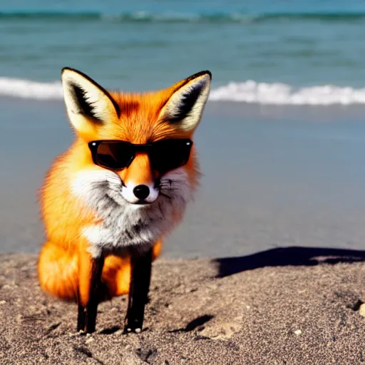Prompt: a fox with Ray-Ban sunglasses at a beach