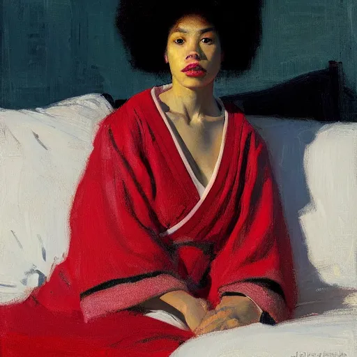 Image similar to girl with afro, in red kimono, backview, sitting on edge of bed, by jeremy lipking, tim rees, joseph todorovitch