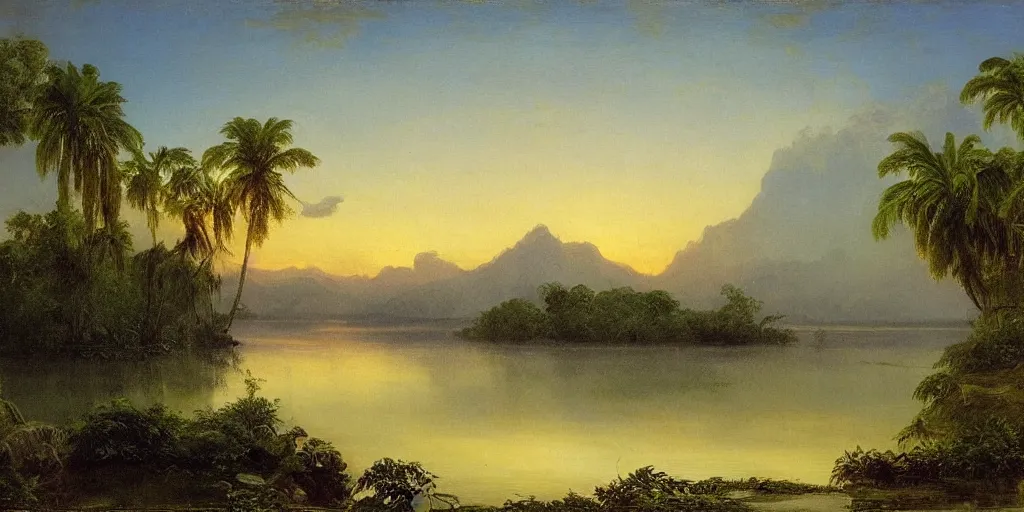 Image similar to the river delta of dawn, tropical river scene, serene mood, in style of frederic edwin church