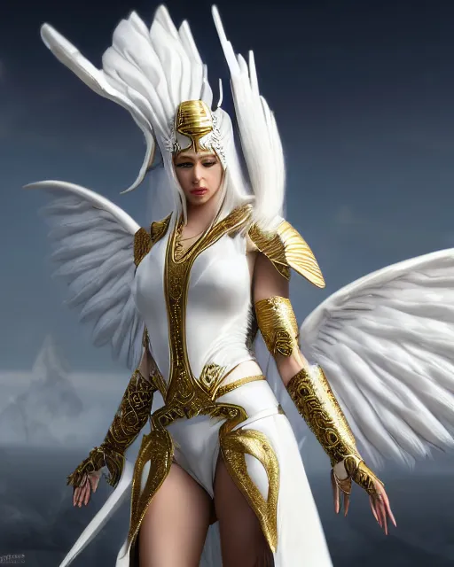 Image similar to perfect white haired egyptian goddess wearing white dove wings, warframe armor, regal, attractive, ornate, sultry, beautiful, charlize theron, half asian, pretty face, blue eyes, illuminated, scifi platform, 4 k, ultra realistic, epic lighting, cinematic, masterpiece, art by akihito tsukushi, voidstar, trending on artstation