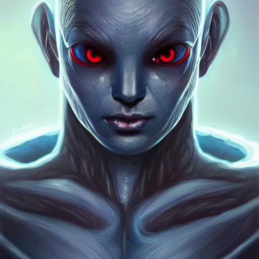 Image similar to Portrait of a tall blue alien, red glowing eyes, hairless, futuristic biosuit, intricate, cinematic lighting, highly detailed, digital painting, artstation, concept art, smooth, sharp focus, illustration, art by Artgerm and Cgsociety