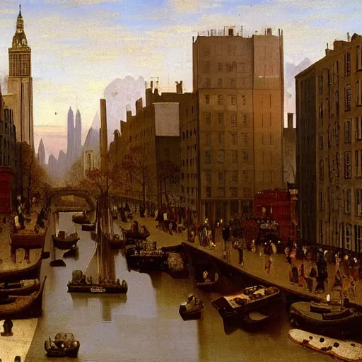 Image similar to painting of new york city in 1860 by Jan Vermeer,