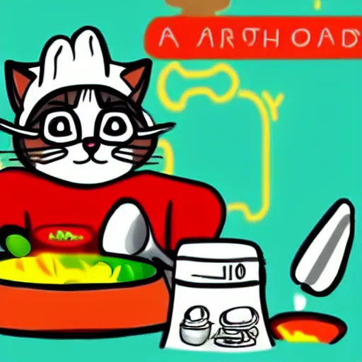 Image similar to anthropomorphic cat chef cooking a delicious colorful soup, digital painting, youtube video thumbnail