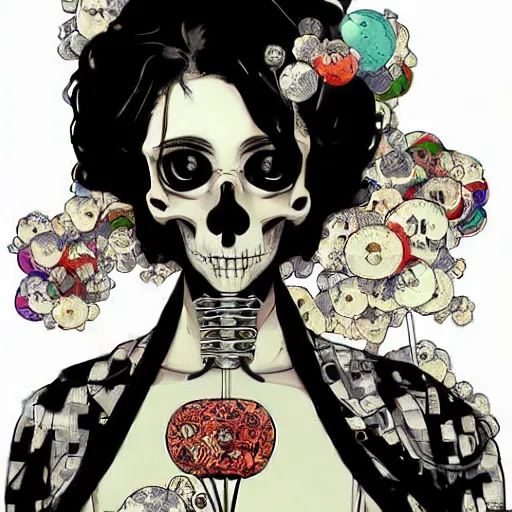 Image similar to anime manga skull portrait girl female skeleton holding balloon clouds in background illustration detailed patterns art Geof Darrow and Phil hale and Ashley wood and Ilya repin alphonse mucha pop art nouveau