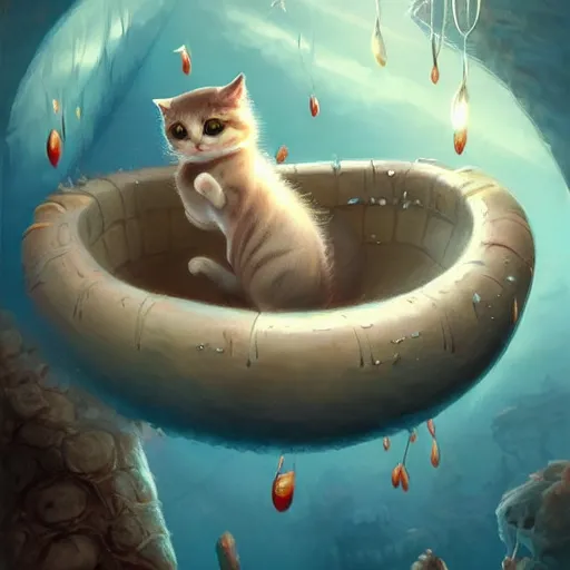 Prompt: a cute cat sliding down a water slide , tiny, beautiful, matte fantasy painting, DeviantArt Artstation, by Jason Felix by Steve Argyle by Tyler Jacobson by Peter Mohrbacher