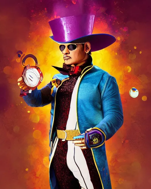 Image similar to Rey Mysterio as Willy Wonka, digital illustration portrait design, detailed, cinematic lighting, dynamic portrait