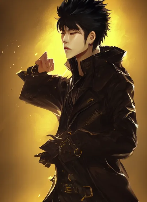 Image similar to a highly detailed illustration of young attractive japanese guy wearing black detective coat, yellow eyes, dramatic standing pose, intricate, elegant, highly detailed, centered, digital painting, artstation, concept art, smooth, sharp focus, league of legends concept art, wlop.