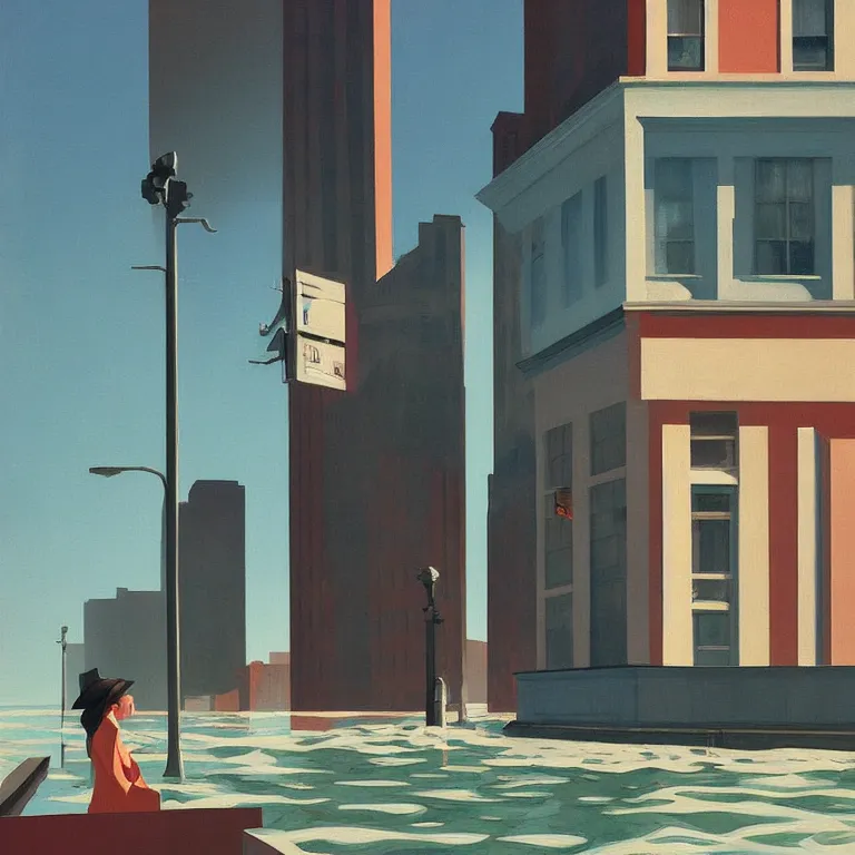 Image similar to morning flood in an empty city, , painted by Edward Hopper, painted by James Gilleard, airbrush