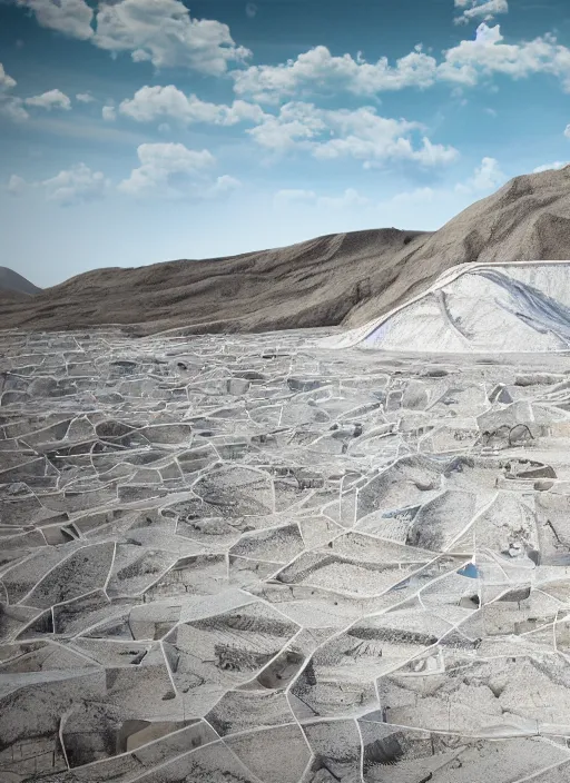 Image similar to bioremediation white architecture, in the mining tailings of chuquicamata, epic, cinematic, hyperealistic, high detailed, corona render, hdr, ray tracing