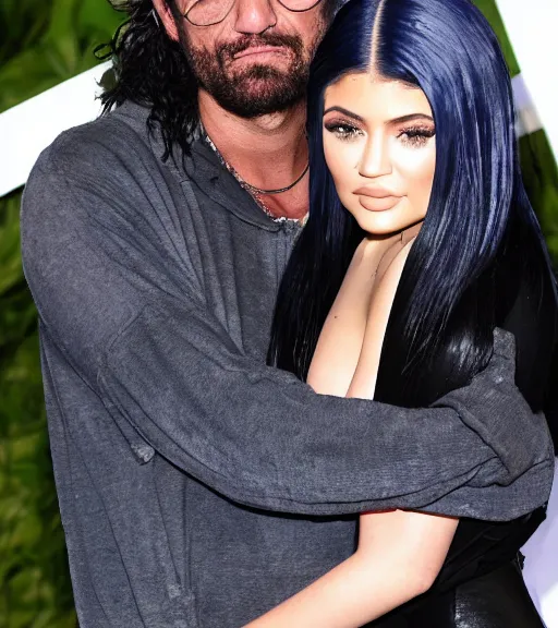 Prompt: a dirty hobo hugging kylie Jenner in a derelict castle