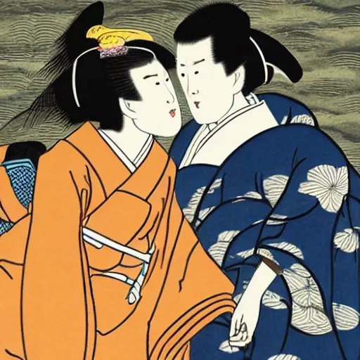 Prompt: rivers cuomo with a japanese woman with loose robes, ukiyo - e style