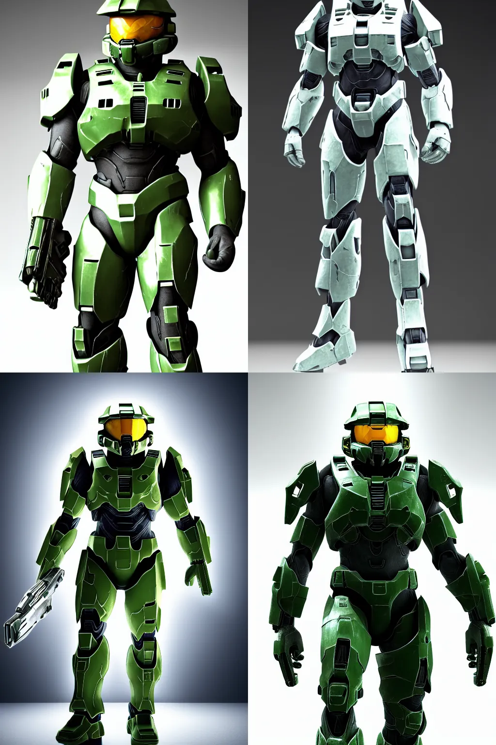 Prompt: Master Chief from Halo, photorealistic full body, studio lighting, white ambient background, highly detailed