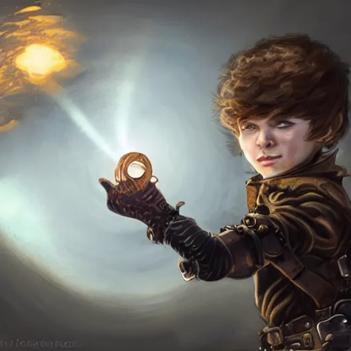 Prompt: An boy wearing steampunk wristband that shoots out a grapple using steam canisters, epic fantasy art style HD