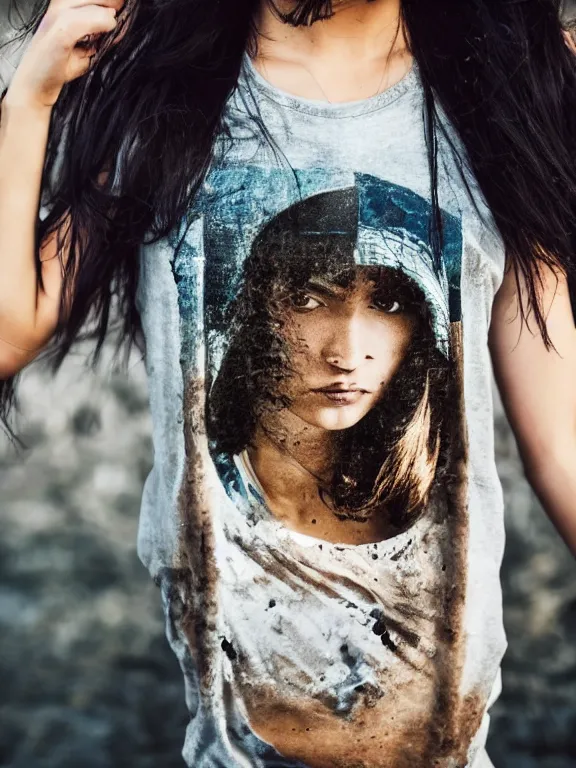 Image similar to hyperdetailed photo of a beautiful italian girl, brown eyes, dark hair, skin, winds of winter, with ripped grunge crop t - shirt fine face, pretty face