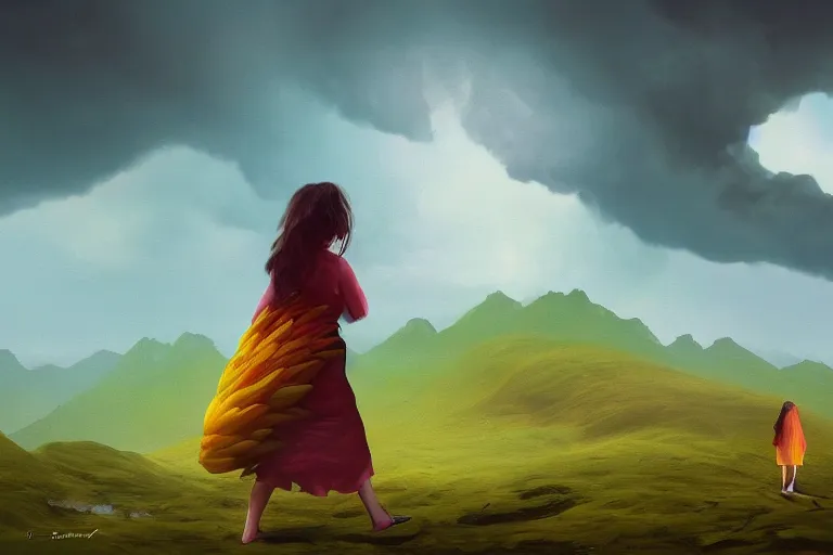 Image similar to giant dahlia flower as a head, girl walking on mountain, surreal photography, stars, dramatic light, impressionist painting, storm clouds, digital painting, artstation, simon stalenhag