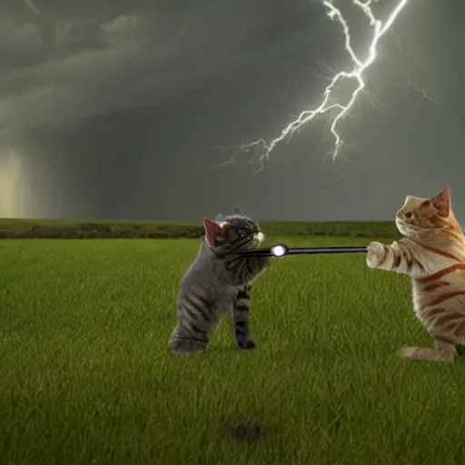 Prompt: film still of jedi cats fighting in a texas thunderstorm, 4 k