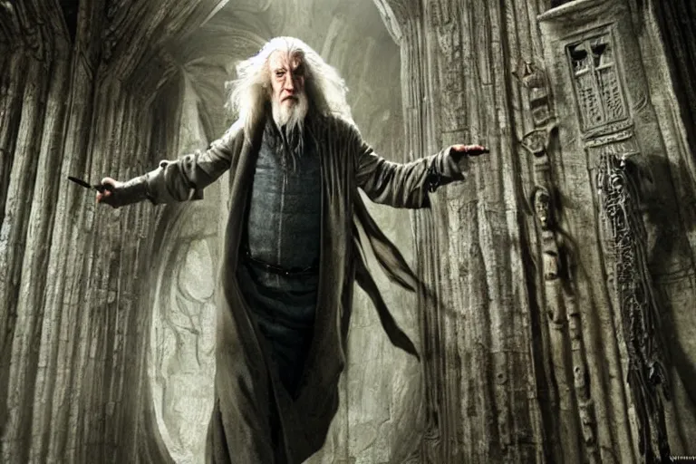 Image similar to gandalf played by lance henriksen stood outside orthanc, style of h. r. giger, directed by david fincher, muted tones, detailed