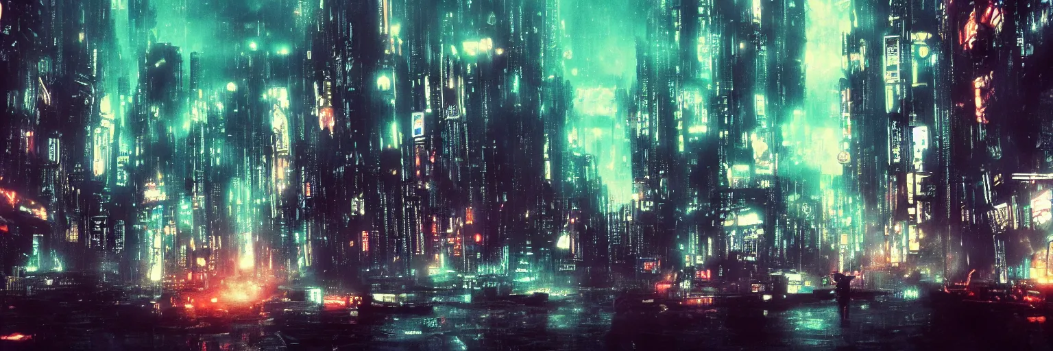 Image similar to The sky above the port was the color of television, tuned to a dead channel. In the style of Blade Runner, CyberPunk.