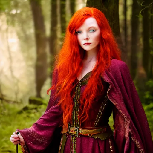 Image similar to a beautiful redheaded dnd sorceress wearing a green cloak, high resolution film still, 8k, HDR colors