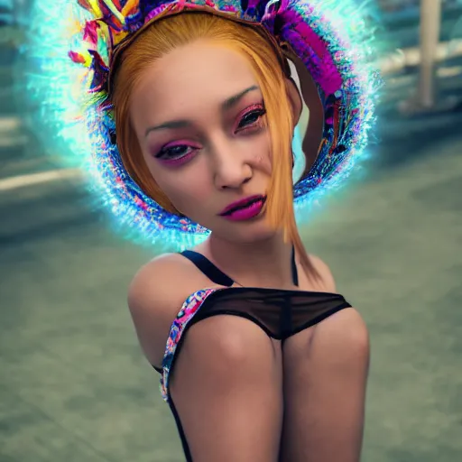 Image similar to kawaii puerto rican goddess chilling out at the skatepark wearing a bespoke headdress designed by emma yeo, inspired by cameron gray, wlop, stanley kubrick, masamune, hideki anno, jamie hewlett, unique perspective, trending on artstation, 3 d render, vivid