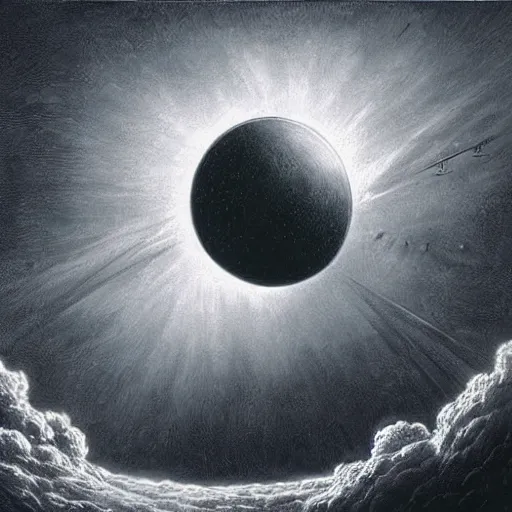 Prompt: starship, solar eclipse, looming over the earth, artstation hq, painting by gustave dore