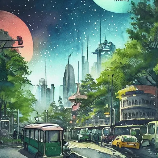 Image similar to Beautiful happy picturesque charming sci-fi city in harmony with nature. Nice colour scheme, soft warm colour. Beautiful detailed watercolor by Lurid. (2022)