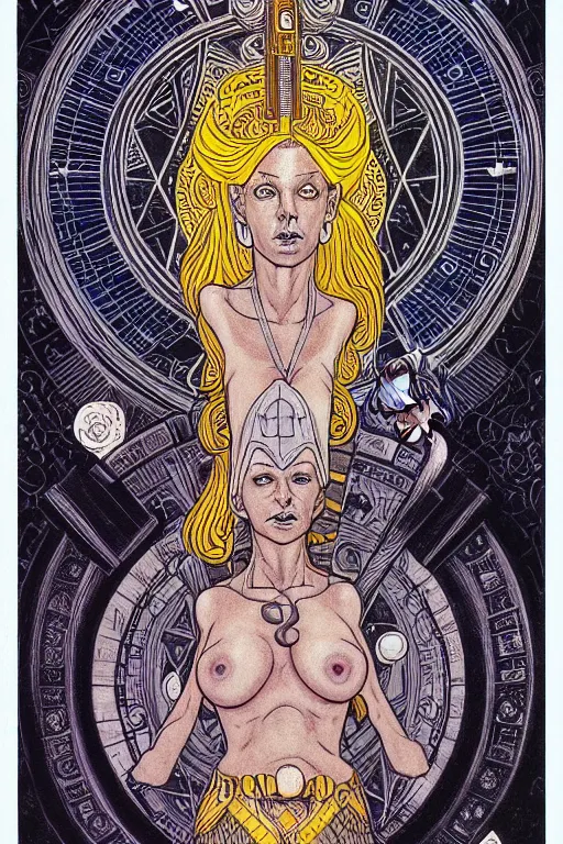 Image similar to ancient mystic time lord, archon, attractive female, character design, painting by steve ellis, alex grey, liss frank, the simpson, mc escher, carl larsson, tom of finland