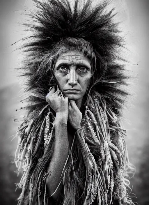 Prompt: Award winning Editorial photo of a female Native Liechtensteiners with incredible hair and beautiful hyper-detailed eyes wearing traditional garb by Lee Jeffries, 85mm ND 5, perfect lighting, gelatin silver process