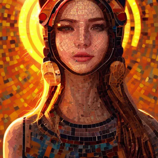 Image similar to mosaic portrait of a beautiful young girl with robot ears falling into the sun by Ross Tran, 4k, intricate details