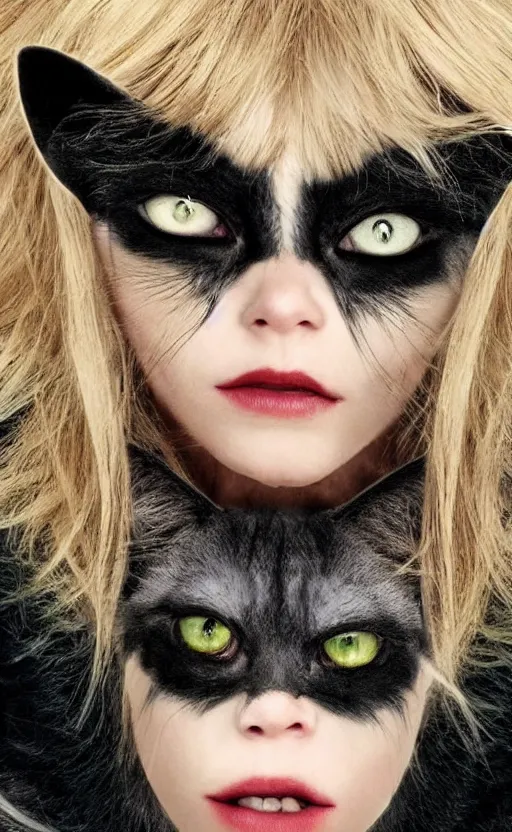 Prompt: a blonde catgirl with green eyes, black and grey fur, created by guillermo del toro, furry, screen capture from the harry potter movie, antichrist, handsome