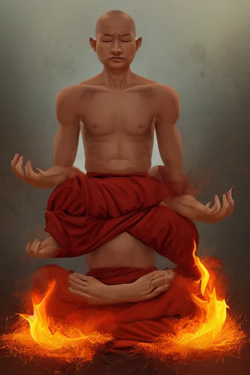 Image similar to A meditating monk on fire , Trending on artstation.