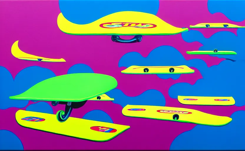 Image similar to flying skate boards by shusei nagaoka, kaws, david rudnick, airbrush on canvas, pastell colours, cell shaded!!!, 8 k