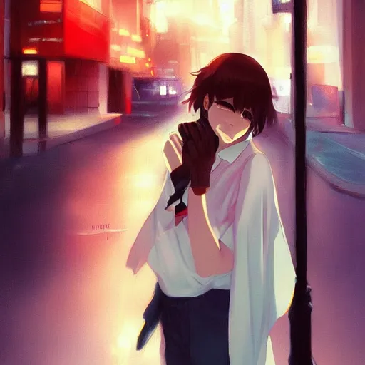 Prompt: a girl smoking, beautiful face, street at night, long hairfine art painting by makoto shinkai, featured on pixiv, hd