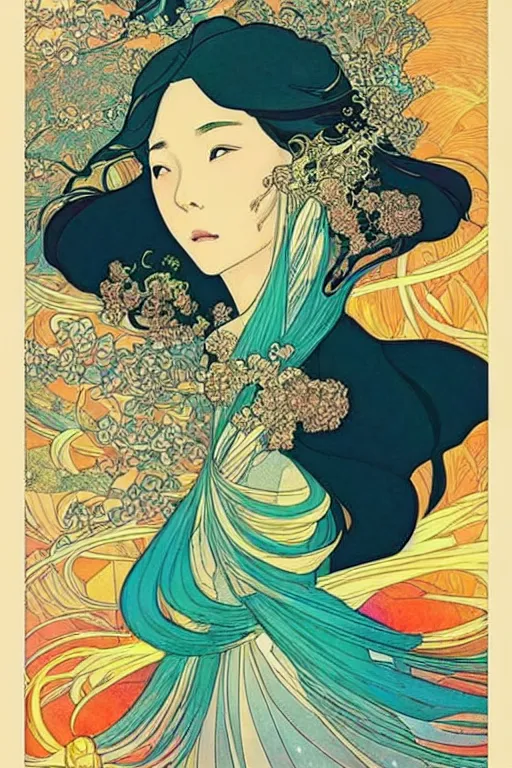 Image similar to phoenix, victo ngai style, alfons mucha style, ， from china, style of studio ghibli, chinese style
