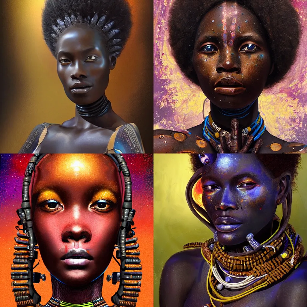Prompt: beautiful afrofuturistic himba woman, otjize, glowing spacesuit, himba hairstyle, led details, robotic arms, hyperrealistic, scifi, concept art, impasto oil painting, portrait, dark, muted colors