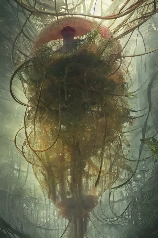 Image similar to A forest city inside of a jellyfish, intricate, elegant, digital painting, trending on Artstation, concept art, smooth, sharp focus, illustration, from Metal Gear by Ruan Jia and Mandy Jurgens and Artgerm and William-Adolphe Bouguerea, award winning