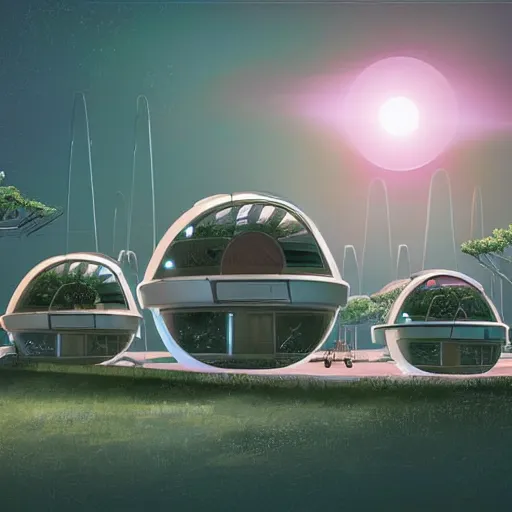 Prompt: beautiful happy picturesque charming organic futuristic sci - fi town of pod homes integrated in nature. beautiful light. grainy and rough. soft colour scheme. beautiful artistic vector graphic design art by lurid. ( 2 0 2 2 )