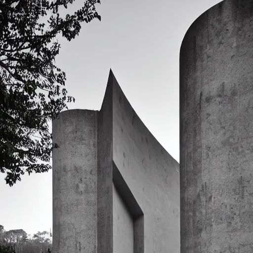 Image similar to a high tech brutalist castle built in brutalist architecture, wild unique building geometry, combination of sharp and rounded elements, photography