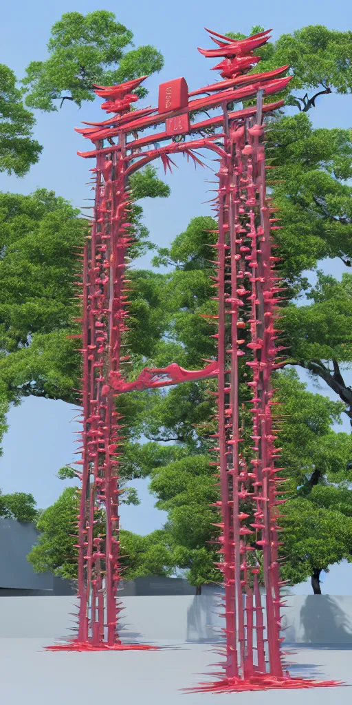 Prompt: 3 d photographic render of melting japanese torii gate and sakura flowers sculpture made of chrome, chrometype, made of liquid metal, neotribal with thorns and thunders, cyberpunk, raytracing, fov, hyper realistic, volumetric lightning, 8 k, by zhelong xu and ouchh studio