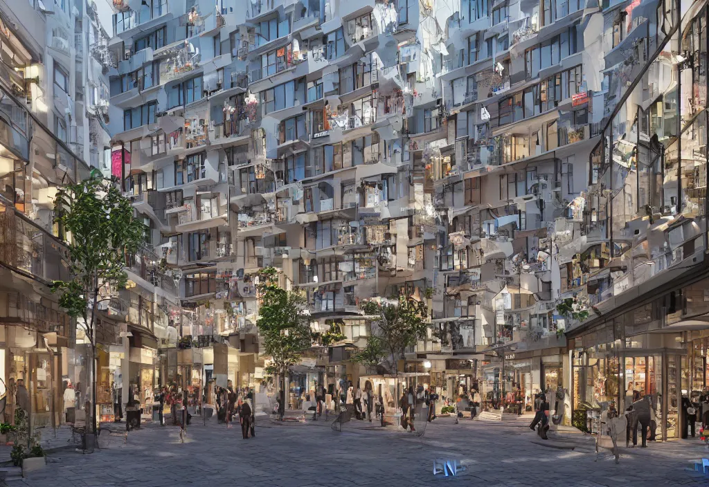 Image similar to a shopping street in a city, architectural block of boxes, highly detailed, octance render, leisure area in the middle of the building, 8 k rendering